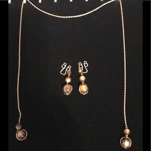 Brown pearl look gold tone scarf necklace earrings